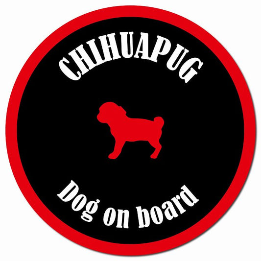 カラフル Dog on board チワパグ ブラック&レッド マグネット 車用 直径13cm 丸型 カーマグネット