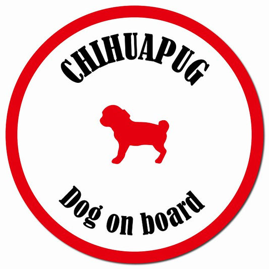 カラフル Dog on board チワパグ ホワイト&レッド マグネット 車用 直径13cm 丸型 カーマグネット