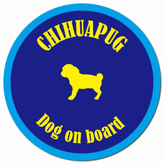 カラフル Dog on board チワパグ ネイビー&ブルー マグネット 車用 直径13cm 丸型 カーマグネット