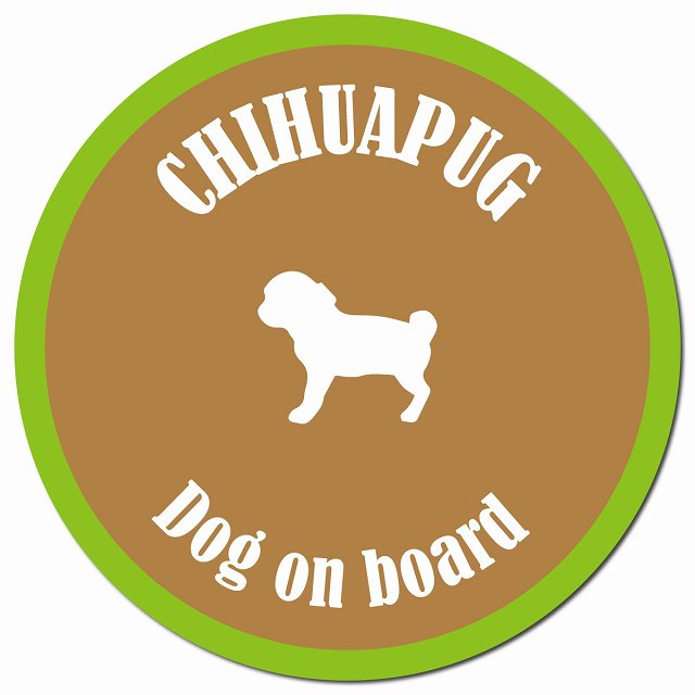 カラフル Dog on board チワパグ ブラウン&グリーン マグネット 車用 直径13cm 丸型 カーマグネット
