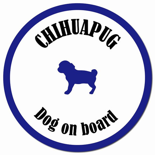 カラフル Dog on board チワパグ ホワイト&ネイビー マグネット 車用 直径13cm 丸型 カーマグネット