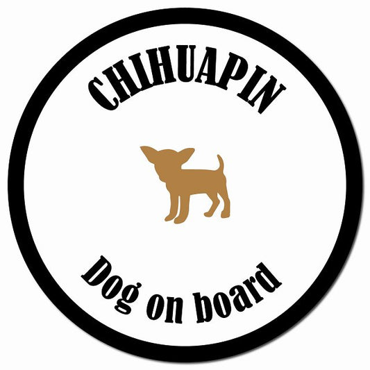 カラフル Dog on board チワピン ホワイト&ブラック マグネット 車用 直径13cm 丸型 カーマグネット