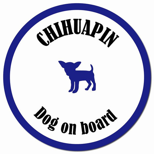 カラフル Dog on board チワピン ホワイト&ネイビー マグネット 車用 直径13cm 丸型 カーマグネット
