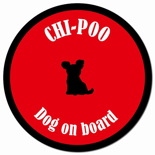 カラフル Dog on board チワプー レッド＆ブラック マグネット 車用 直径13cm 丸型 カーマグネット