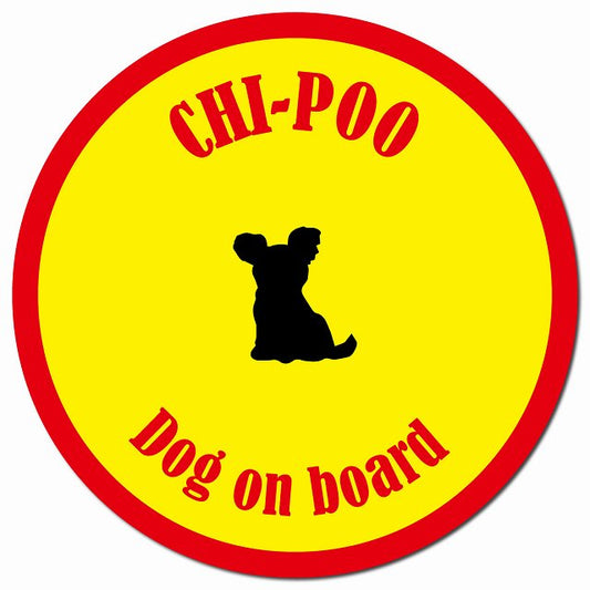 カラフル Dog on board チワプー イエロー&レッド マグネット 車用 直径13cm 丸型 カーマグネット