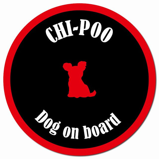 カラフル Dog on board チワプー ブラック&レッド マグネット 車用 直径13cm 丸型 カーマグネット