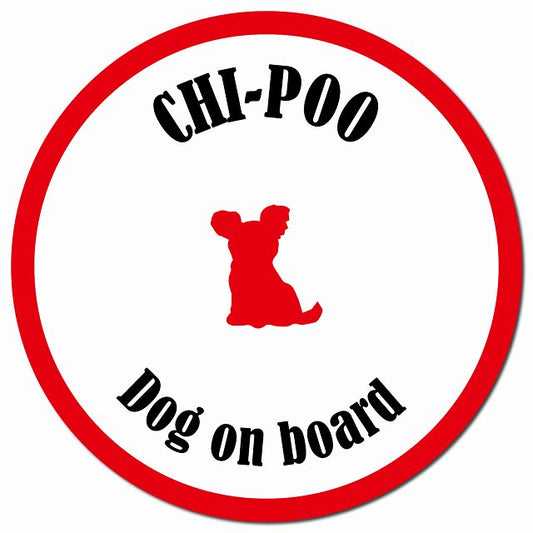 カラフル Dog on board チワプー ホワイト&レッド マグネット 車用 直径13cm 丸型 カーマグネット