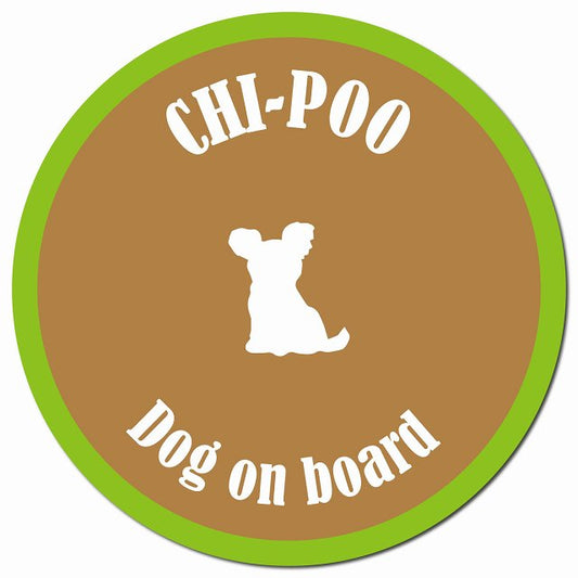 カラフル Dog on board チワプー ブラウン&グリーン マグネット 車用 直径13cm 丸型 カーマグネット