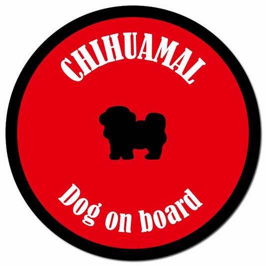 カラフル Dog on board チワマル レッド＆ブラック マグネット 車用 直径13cm 丸型 カーマグネット