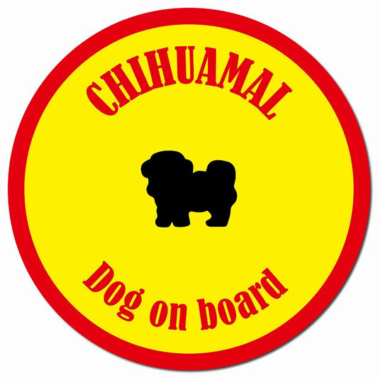 カラフル Dog on board チワマル イエロー&レッド マグネット 車用 直径13cm 丸型 カーマグネット