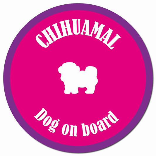 カラフル Dog on board チワマル ピンク&パープル マグネット 車用 直径13cm 丸型 カーマグネット