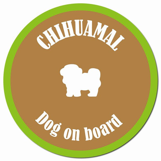 カラフル Dog on board チワマル ブラウン&グリーン マグネット 車用 直径13cm 丸型 カーマグネット