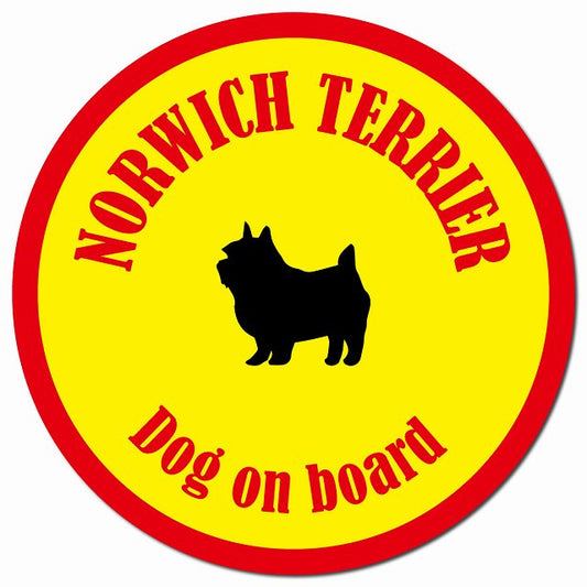 カラフル Dog on board ノーリッチテリア イエロー&レッド マグネット 車用 直径13cm 丸型 カーマグネット