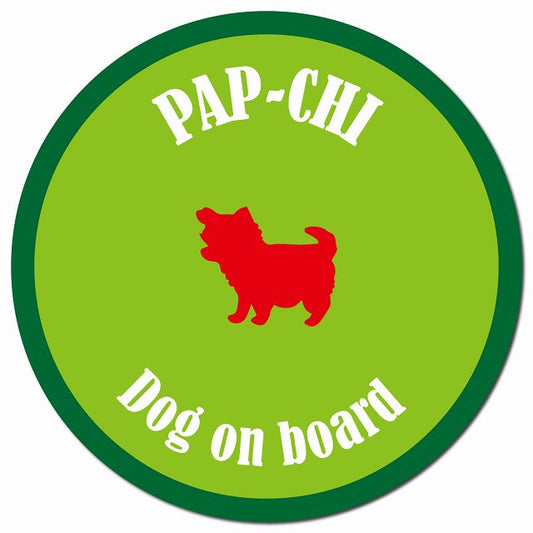 カラフル Dog on board パピチワ ライトグリーン&グリーン マグネット 車用 直径13cm 丸型 カーマグネット