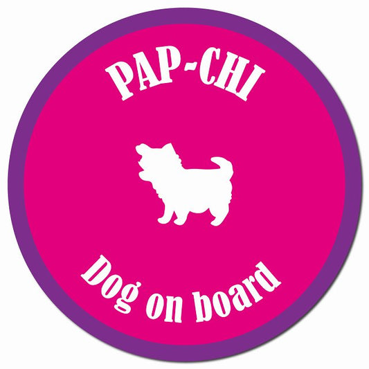 カラフル Dog on board パピチワ ピンク&パープル マグネット 車用 直径13cm 丸型 カーマグネット