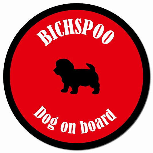 カラフル Dog on board ビションプー レッド＆ブラック マグネット 車用 直径13cm 丸型 カーマグネット