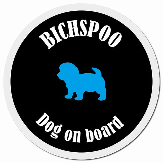 カラフル Dog on board ビションプー ブラック&ホワイト マグネット 車用 直径13cm 丸型 カーマグネット