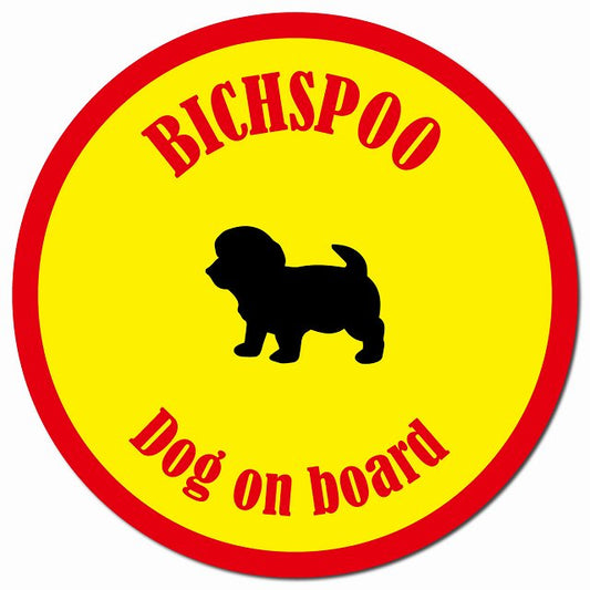 カラフル Dog on board ビションプー イエロー&レッド マグネット 車用 直径13cm 丸型 カーマグネット