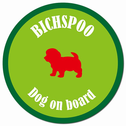 カラフル Dog on board ビションプー ライトグリーン&グリーン マグネット 車用 直径13cm 丸型 カーマグネット