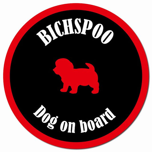 カラフル Dog on board ビションプー ブラック&レッド マグネット 車用 直径13cm 丸型 カーマグネット