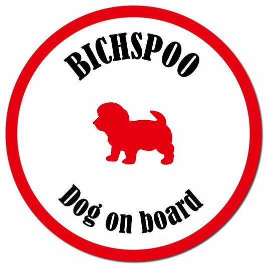 カラフル Dog on board ビションプー ホワイト&レッド マグネット 車用 直径13cm 丸型 カーマグネット