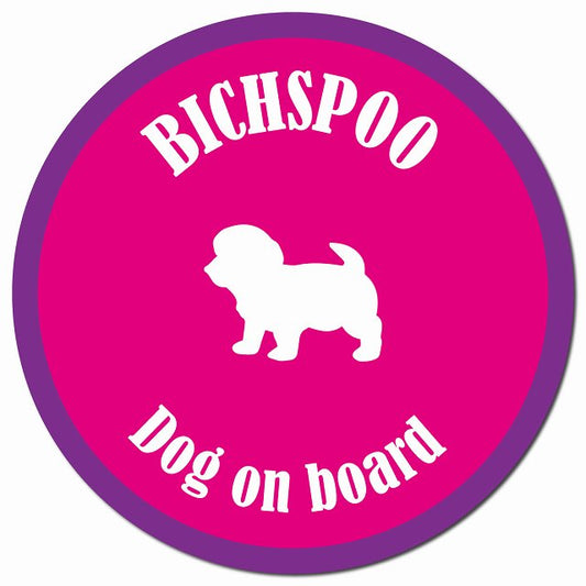 カラフル Dog on board ビションプー ピンク&パープル マグネット 車用 直径13cm 丸型 カーマグネット