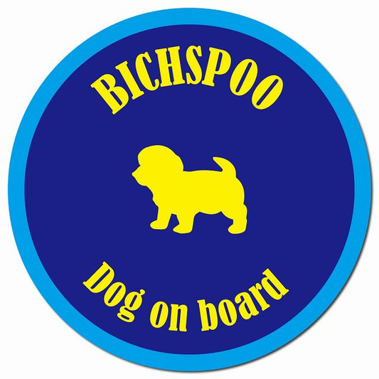 カラフル Dog on board ビションプー ネイビー&ブルー マグネット 車用 直径13cm 丸型 カーマグネット