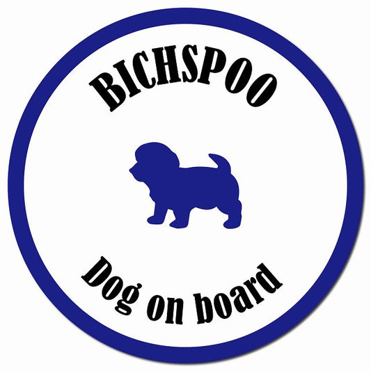 カラフル Dog on board ビションプー ホワイト&ネイビー マグネット 車用 直径13cm 丸型 カーマグネット