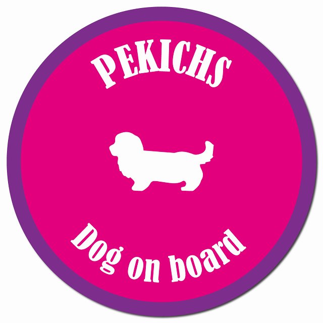 カラフル Dog on board ペキックス ピンク&パープル マグネット 車用 直径13cm 丸型 カーマグネット