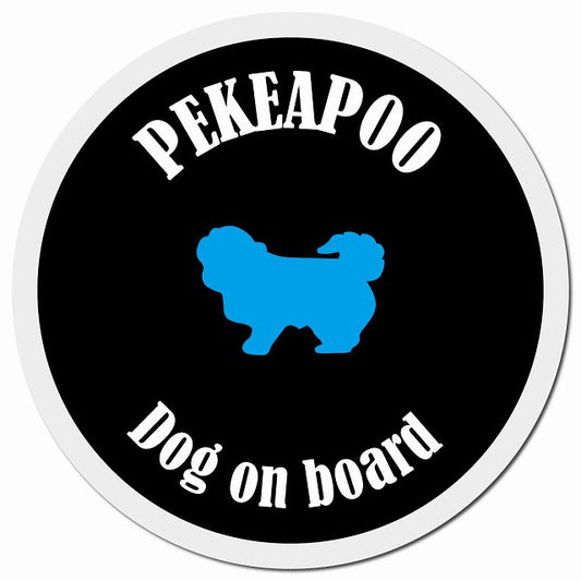 カラフル Dog on board ペキプー ブラック&ホワイト マグネット 車用 直径13cm 丸型 カーマグネット