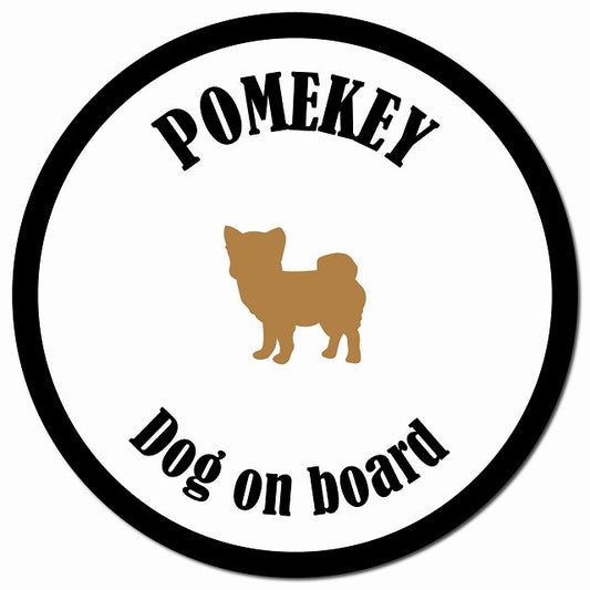 カラフル Dog on board ポメキー ホワイト&ブラック マグネット 車用 直径13cm 丸型 カーマグネット