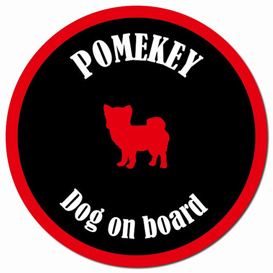 カラフル Dog on board ポメキー ブラック&レッド マグネット 車用 直径13cm 丸型 カーマグネット