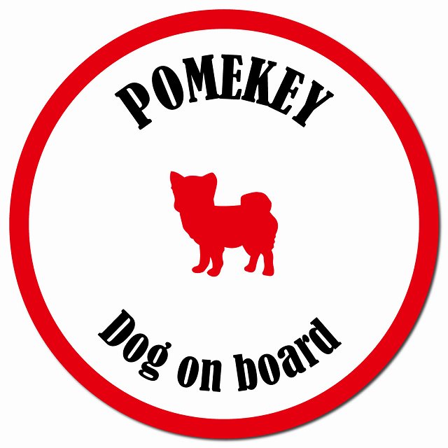 カラフル Dog on board ポメキー ホワイト&レッド マグネット 車用 直径13cm 丸型 カーマグネット