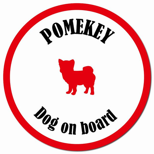 カラフル Dog on board ポメキー ホワイト&レッド マグネット 車用 直径13cm 丸型 カーマグネット