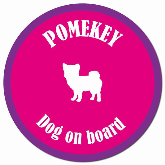 カラフル Dog on board ポメキー ピンク&パープル マグネット 車用 直径13cm 丸型 カーマグネット