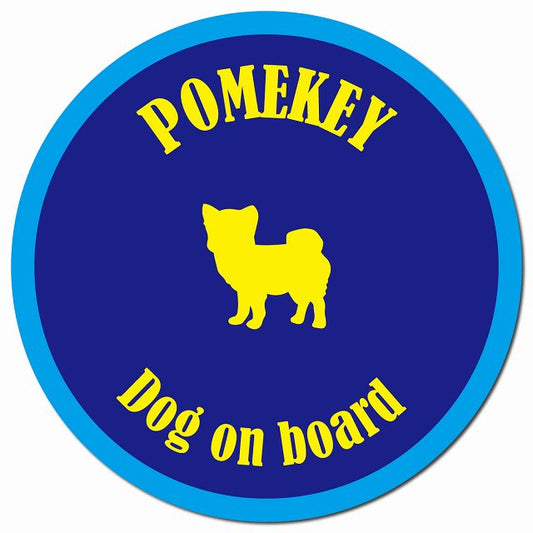 カラフル Dog on board ポメキー ネイビー&ブルー マグネット 車用 直径13cm 丸型 カーマグネット