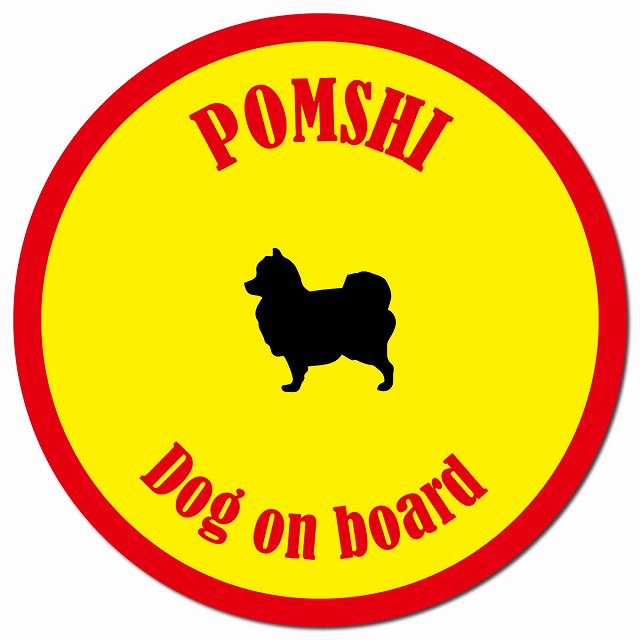 カラフル Dog on board ポメ柴 イエロー&レッド マグネット 車用 直径13cm 丸型 カーマグネット