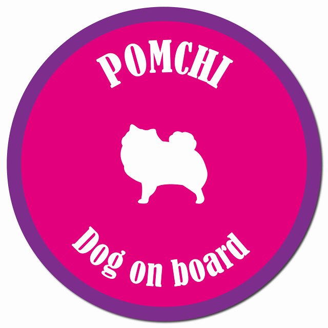 カラフル Dog on board ポメチワ ピンク&パープル マグネット 車用 直径13cm 丸型 カーマグネット