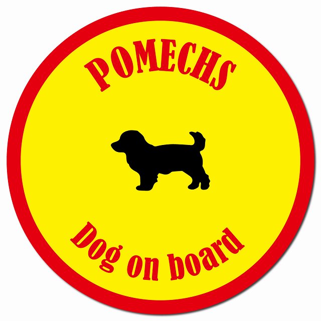 カラフル Dog on board ポメックス イエロー&レッド マグネット 車用 直径13cm 丸型 カーマグネット