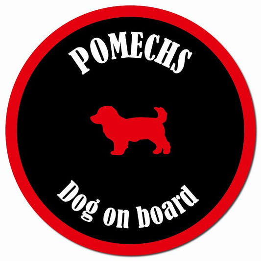 カラフル Dog on board ポメックス ブラック&レッド マグネット 車用 直径13cm 丸型 カーマグネット