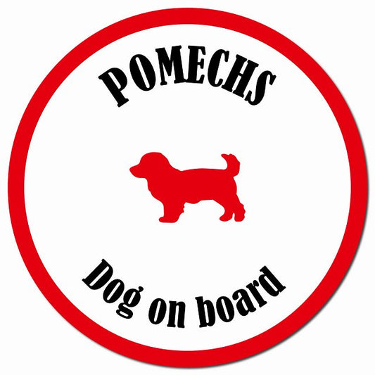 カラフル Dog on board ポメックス ホワイト&レッド マグネット 車用 直径13cm 丸型 カーマグネット