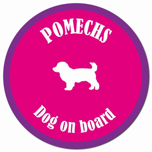 カラフル Dog on board ポメックス ピンク&パープル マグネット 車用 直径13cm 丸型 カーマグネット
