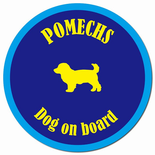 カラフル Dog on board ポメックス ネイビー&ブルー マグネット 車用 直径13cm 丸型 カーマグネット
