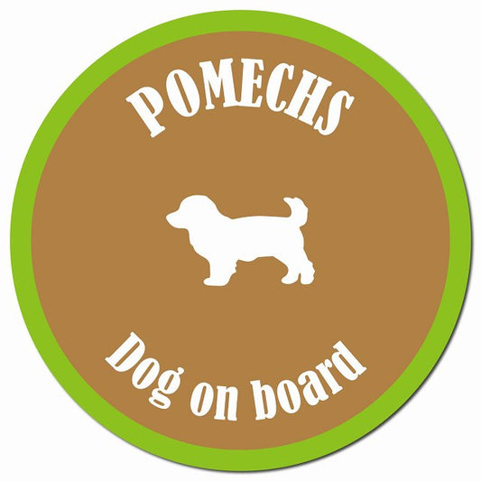 カラフル Dog on board ポメックス ブラウン&グリーン マグネット 車用 直径13cm 丸型 カーマグネット