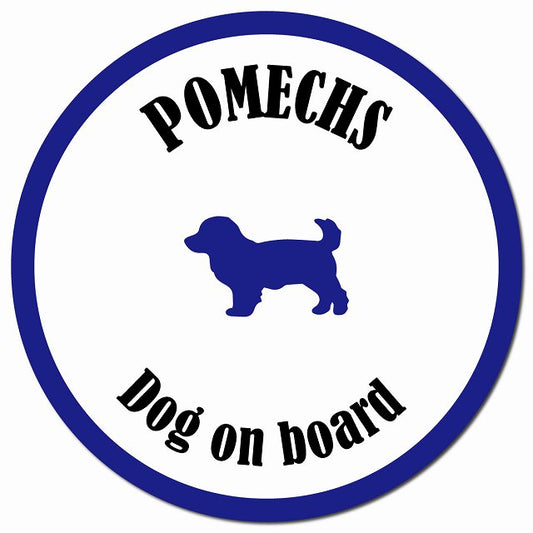 カラフル Dog on board ポメックス ホワイト&ネイビー マグネット 車用 直径13cm 丸型 カーマグネット
