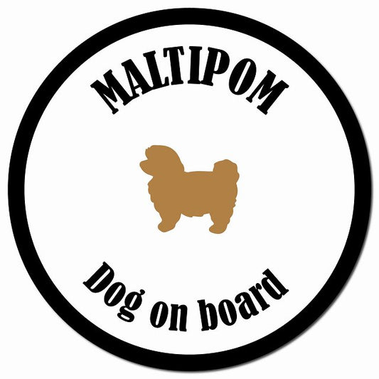 カラフル Dog on board ポメマル ホワイト&ブラック マグネット 車用 直径13cm 丸型 カーマグネット