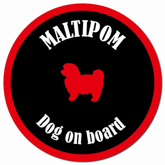 カラフル Dog on board ポメマル ブラック&レッド マグネット 車用 直径13cm 丸型 カーマグネット