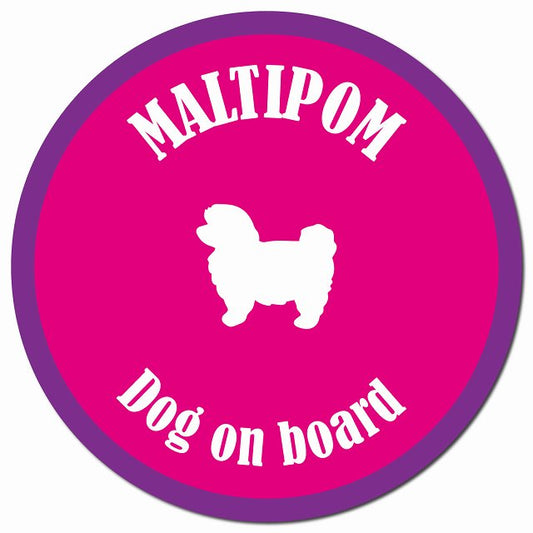 カラフル Dog on board ポメマル ピンク&パープル マグネット 車用 直径13cm 丸型 カーマグネット