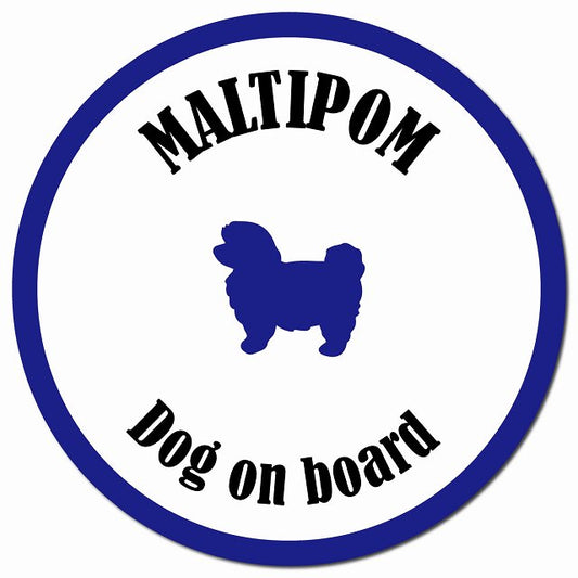 カラフル Dog on board ポメマル ホワイト&ネイビー マグネット 車用 直径13cm 丸型 カーマグネット