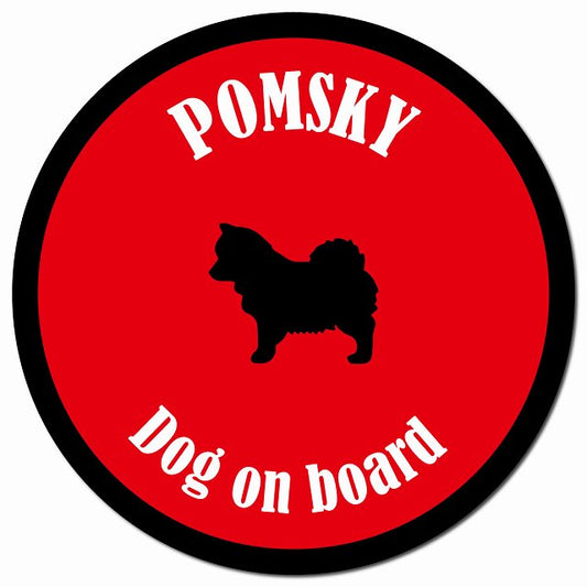 カラフル Dog on board ポンスキー レッド＆ブラック マグネット 車用 直径13cm 丸型 カーマグネット